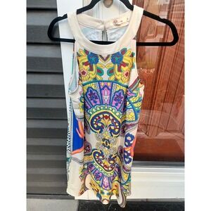 Aryeh Sleeveless Multi Color Paisley Kaleidoscope Print Keyhole Shift Dress M